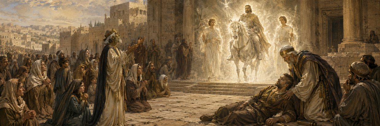 Onias and the people pray near the temple treasury as Heliodorus is stopped and later tended compassionately